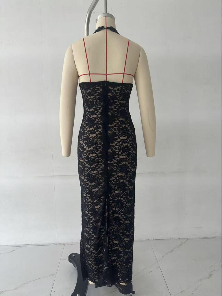 Sexy Black Lace Halter Neck Dress: Slim-Fit, Waist-Cinching, Backless, Long Style