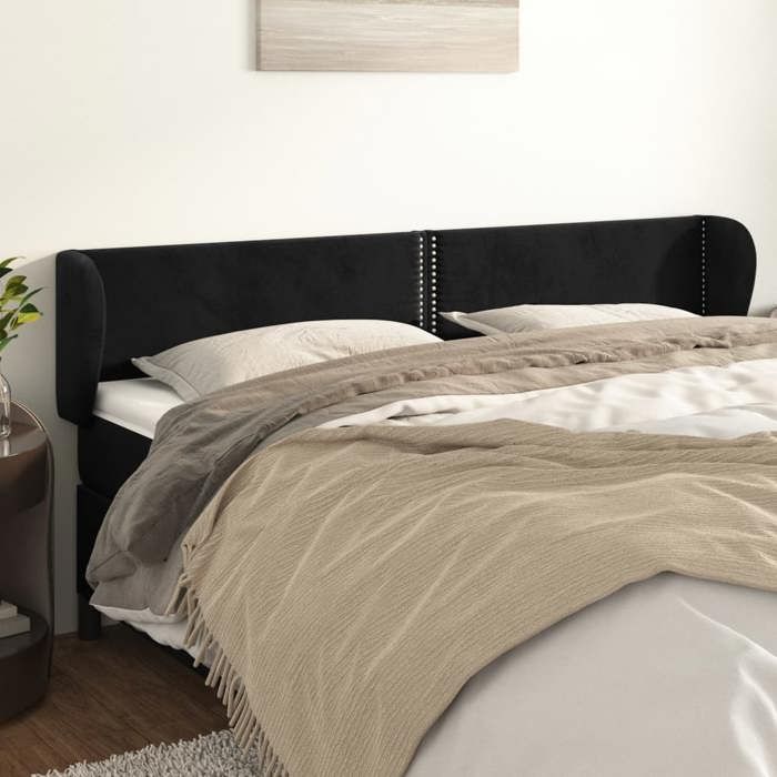 Tête de lit - Tête de lit avec oreilles - Velours noir - Hauteur réglable 78/88 cm - Pieds bois