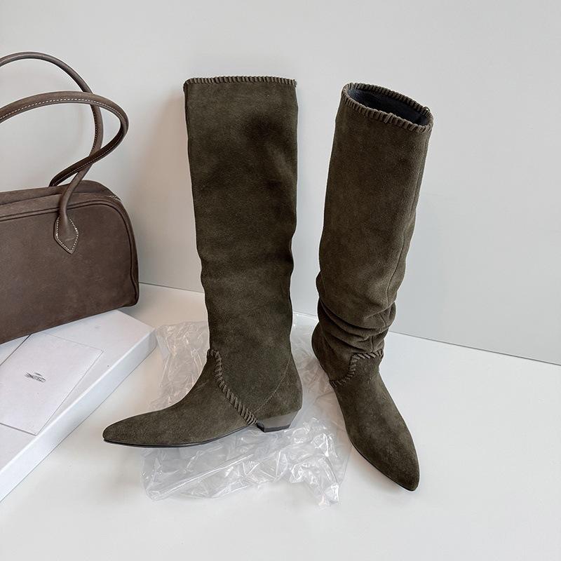 

Gentle laziness~ 2025 autumn new flip pointed thick heel high tube thin pile boots western boots 39