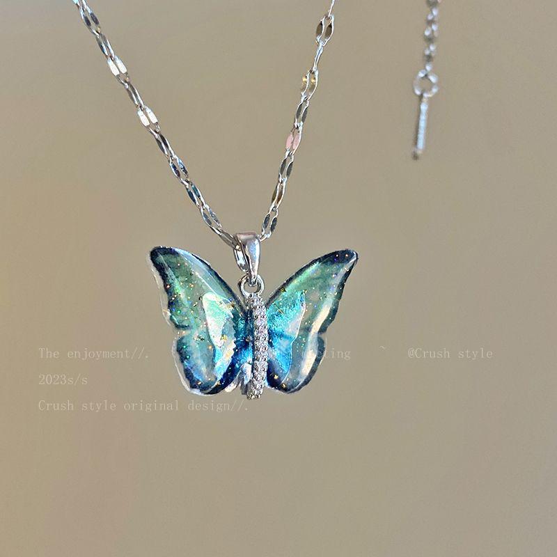 Japanese & Korean Style Gradient Butterfly Zircon Steel Necklace - High-End Non-Fading Women's Clavicle Chain