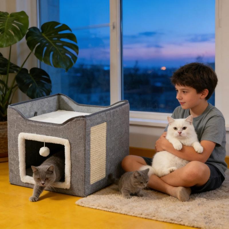 Double Layer Cats Cave Bed with Scratching Pad Foldable Design Space Saving Cats Shelter House for Indoor Habitats