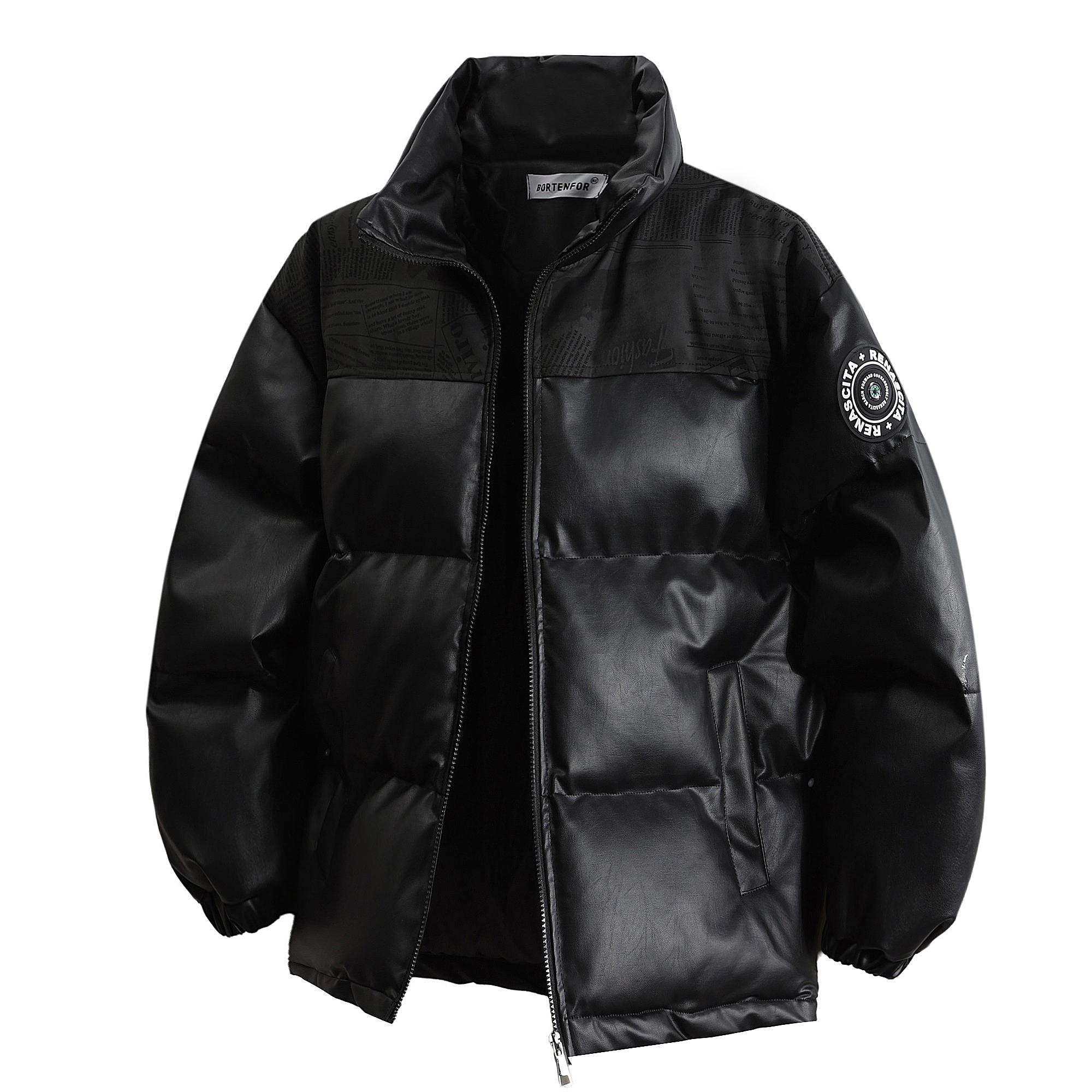 

Stand Up Collar PU Leather Cotton Coat, Winter Warm and Loose Cotton Coat, Versatile Casual Jacket XXL чорний
