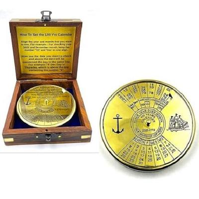 Shiny Finish Brass 100 Yrs Calendar Paper Weight with Wood Box Maritime Gift Item