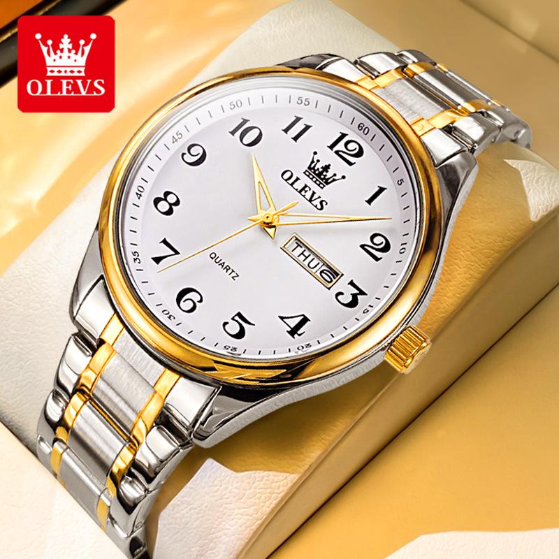 OLEVS Trendy popular mens watches Dual Calendar waterproof Arabic numeral scale luminous quartz wristwatch genuine watch for man