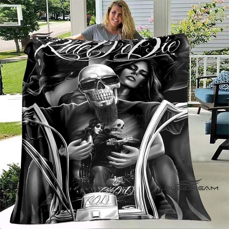 Deka na motorku Skeleton Ride or Die Skull Flanelová načechraná plyšová deka, dárky pro přátele, prostěradlo Sofa Travel Camping Deka
