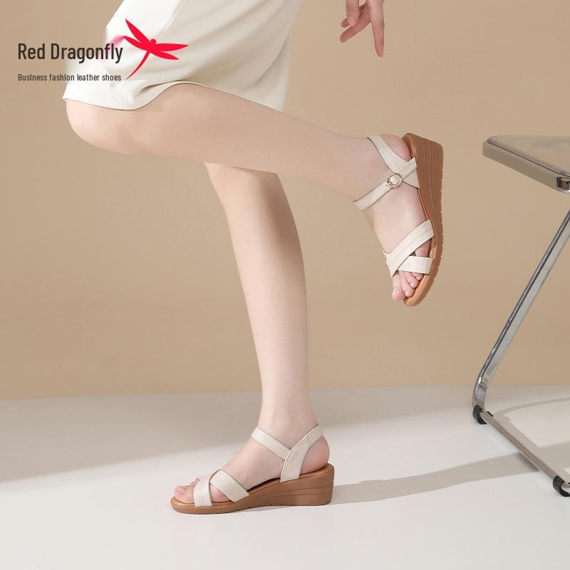 Red Dragonfly Women's 2024 Summer Genuine Leather Thick-Soled Flat Wedge Sandals