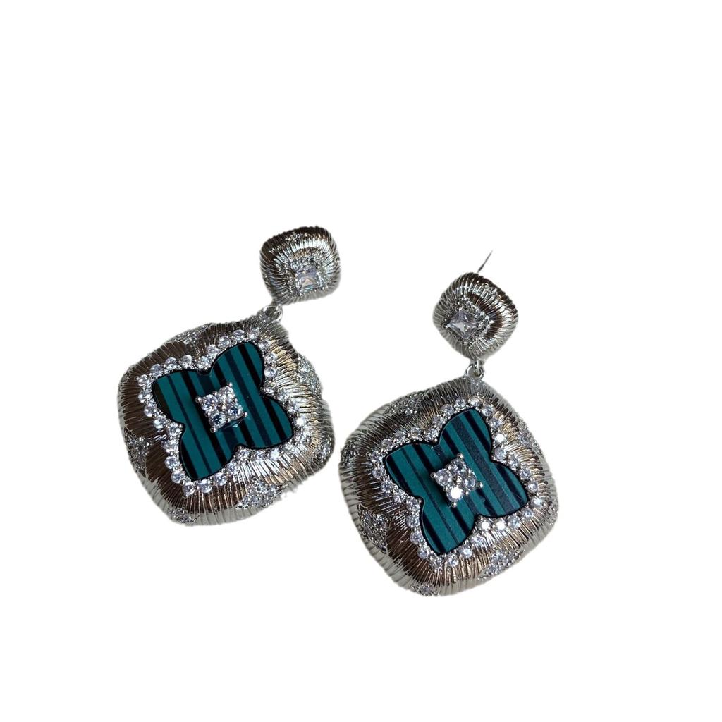 Buzilati Same Green Striped Four-Leaf Clover Necklace, White K Jewelry With Diamond Studs, Light Luxury Two-Piece Earrings.
