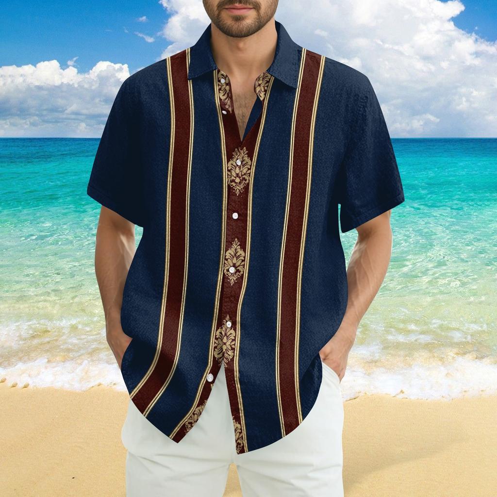 Herren Modisches Lässiges Lockeres Gestreiftes Bedrucktes Strand Kurzarmhemd