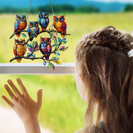 Owl Ornament Stained Glass Blue Green Sun Catcher Enchanting Birds Window Hanging Panel Kitchen Window Decor