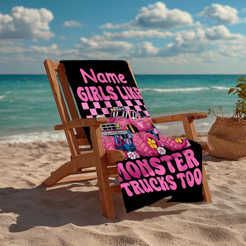 Custom Name Ultra-Soft Beach Towel with Truck Theme,Ideal for Pool - Camping, Diving - Perfect Travel Essential, Vibrant Beach Towel.