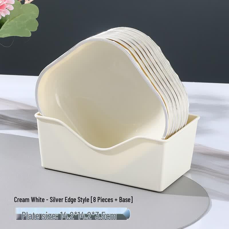 ZISIZ Cream White Square Bone Dish Set with Silver Rim