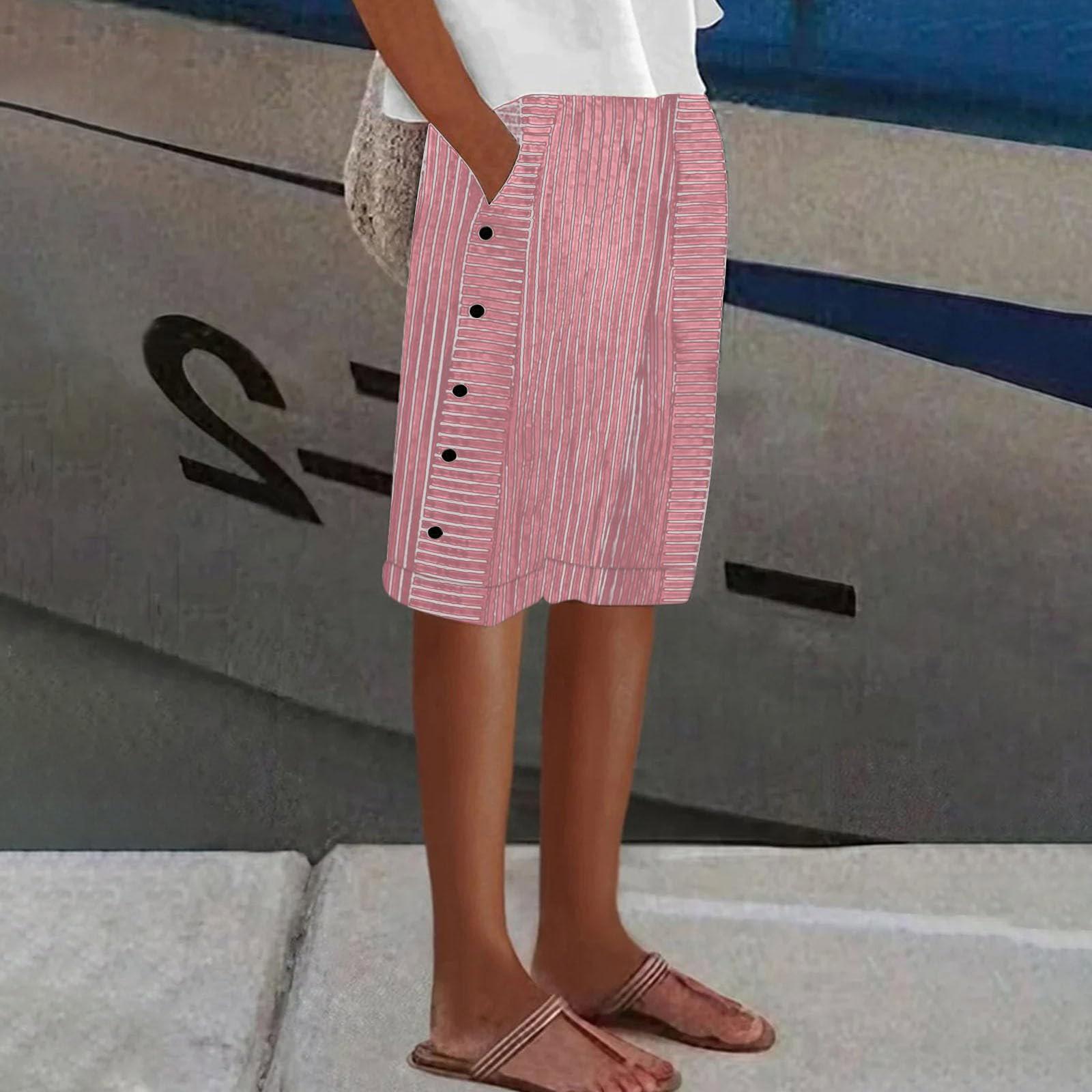 

Женские повседневные полосатые брюки с принтом на боковой пуговице, модные пять брюк, свободные прямые брюки с эластичной резинкой на талии и удобными карманами XL красный