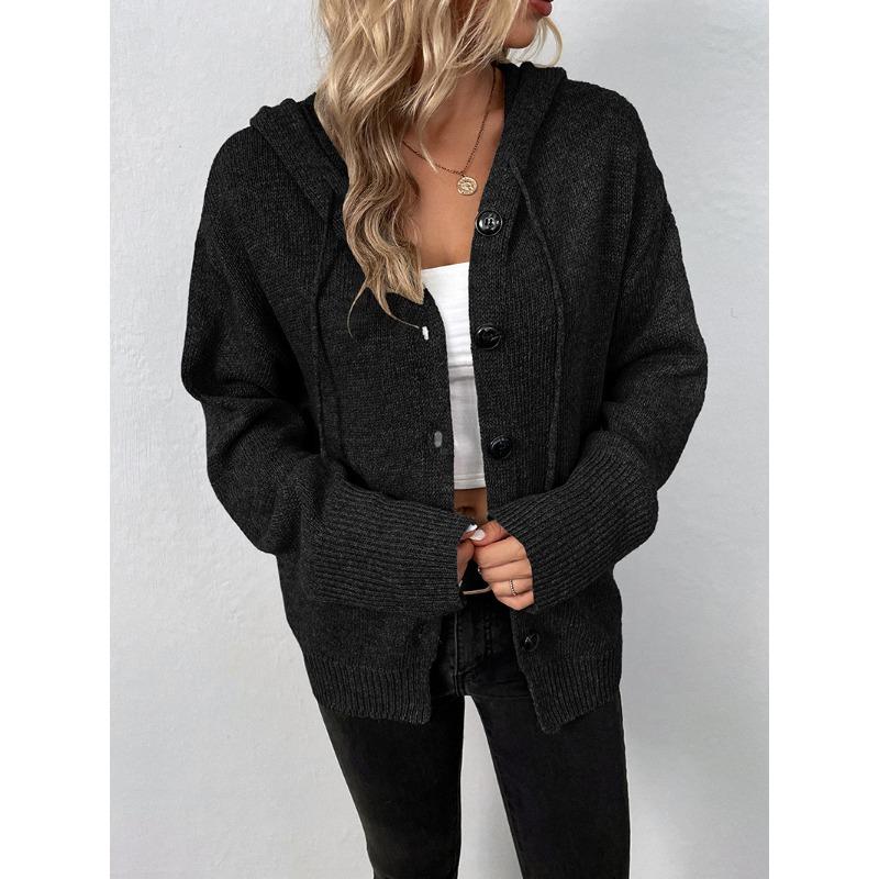 Women S Solid Color Hooded Knit Cardigan Sweater Single Breasted Long Sleeve Autumn Winter