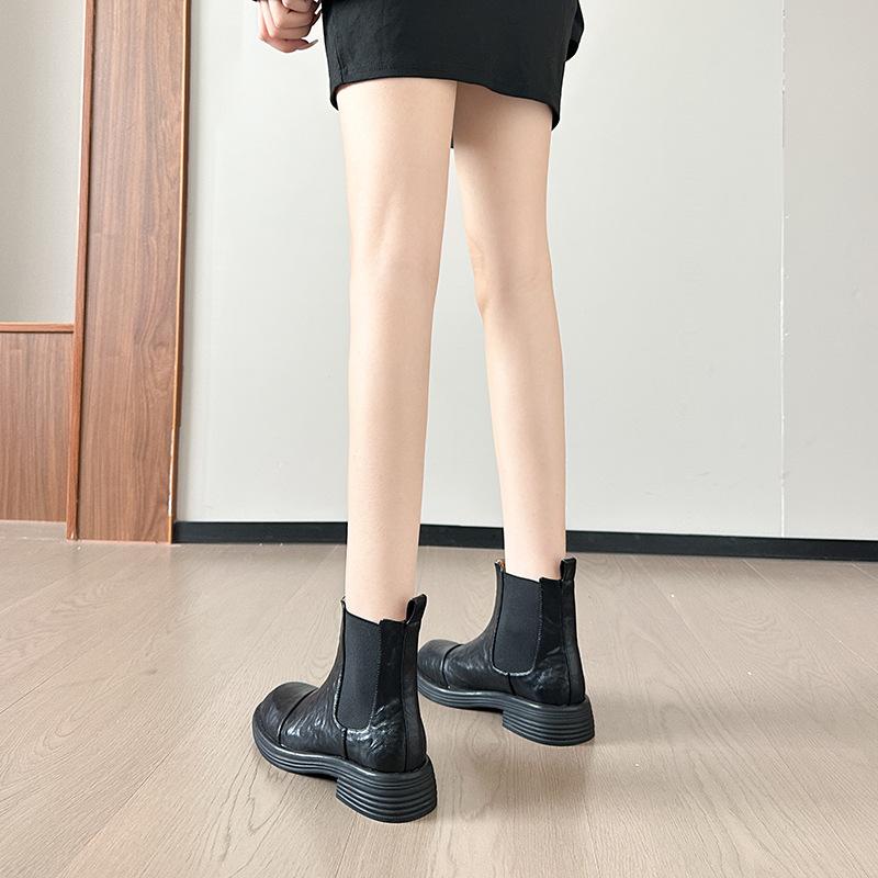 Vintage Rundkopf Grober Absatz Kurze Stiefel Damen Herbst und Winter Braun Britische Smoke Boots Chelsea Boots Schwarz Plateau Martin Stiefel