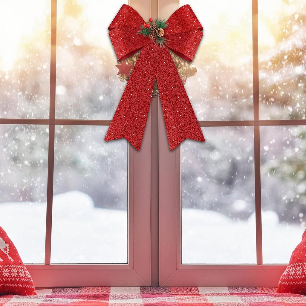 MCEAST 2 Pack Red Christmas Bows 12 X 18 Inches Xmas Wreaths Garland Bows with Pinecones for Christmas Tree Ornaments Sets Indoor Outdor Decoration