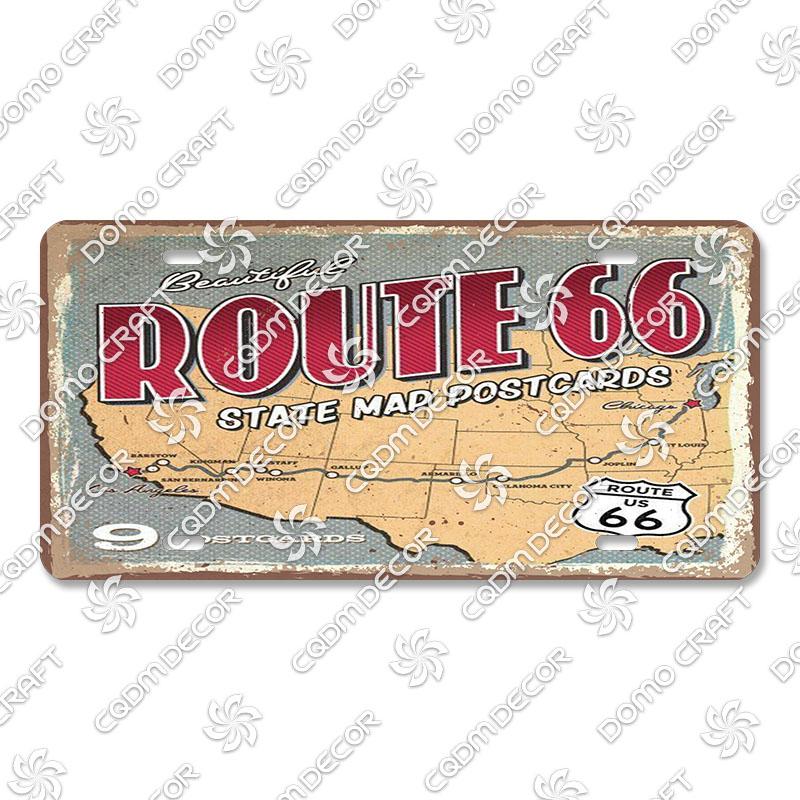 Retro Route 66 License Metal Tin Signs Vintage Road Trip Car Metal Plate Garage Club Gas Station Car Wall Decor