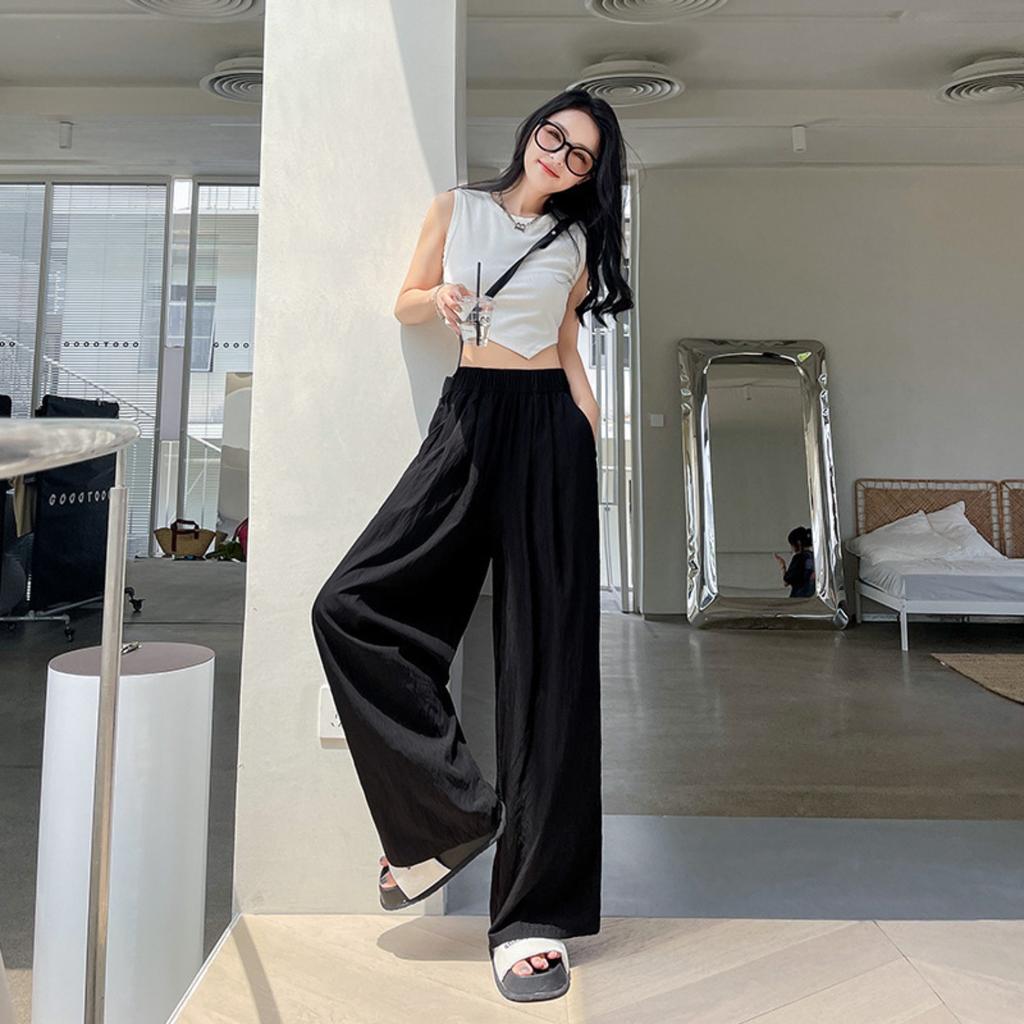 Women's High Waist Wide Leg Straight Long Ice Silk Loose Fit Casual Pants Trousers