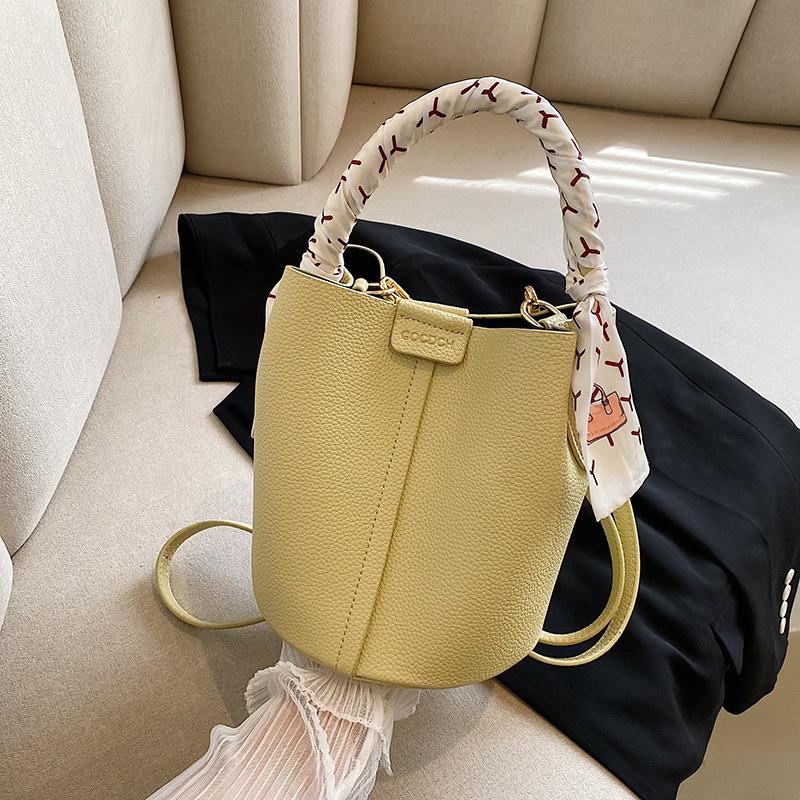 Lychee Texture Handbag Bag Women's Spring New Shoulder Messenger Bag Fashion Silk Scarf Bucket Bag