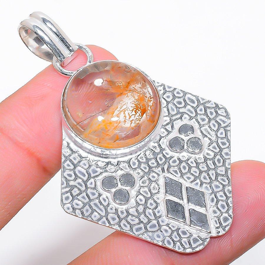Golden Rutile Gemstone Handmade 925 Sterling Silver Jewelry Pendant 2.25"