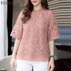 ZANZEA Women Casual Stand Collar Half Sleeve Lace Embroidery Patchwork Blouse