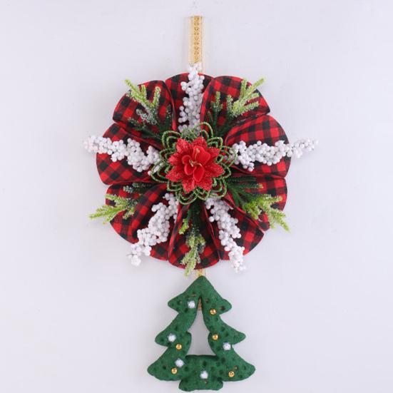 Christmas Wreath Decoration Red Artificial Poinsettias Buffalo Plaid Wreath with Star/Tree Ornament for Wall Window Porch Door Indoor Outdoor Decor