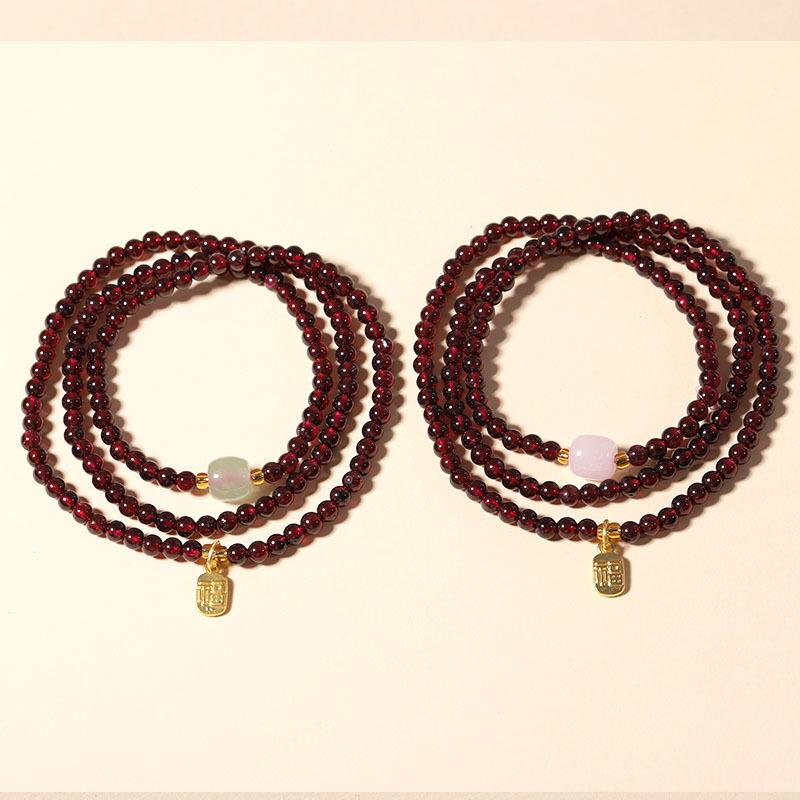 Exquisite Women's Garnet & Hetian Jade Three-Circle Lucky Bead Bracelet