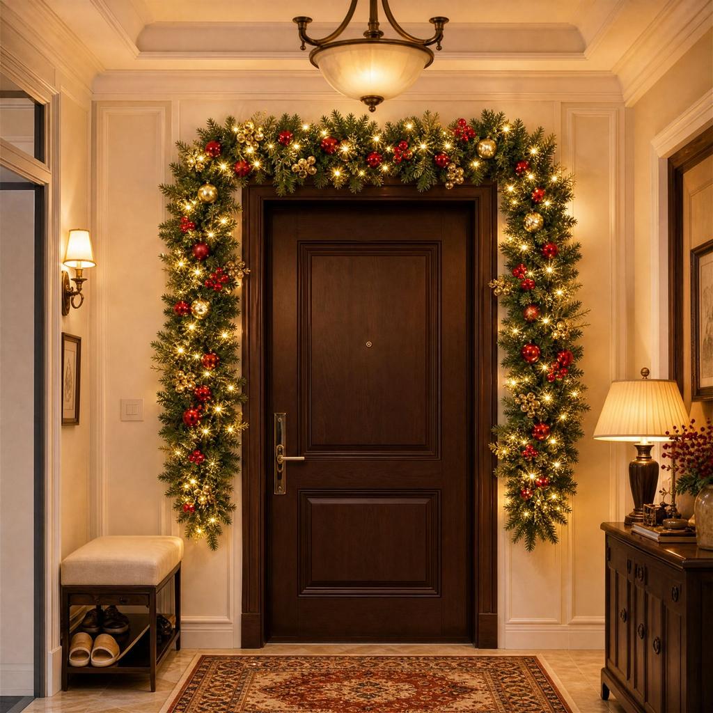 Christmas Garland with Lights, Red and Gold Ball Ornaments, Artificial Branches with Red Berries for Fireplace Mantel Door Decor