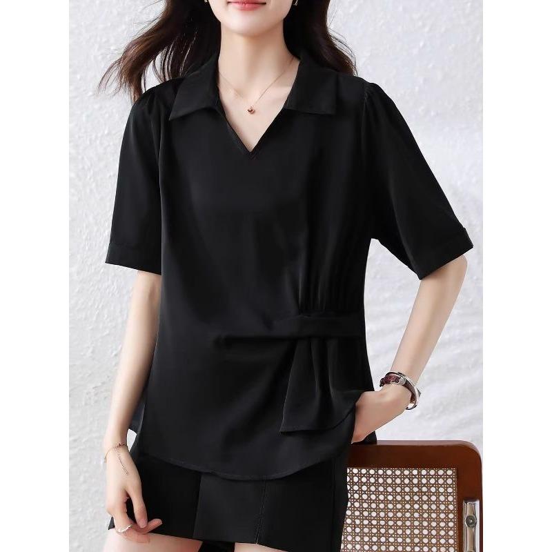 Женская черная новая китайская повседневная рубашка с поясом на талии и плиссированной деталью L чёрный