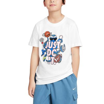 Odzież sportowa T-shirt z nadrukiem i okrągłym dekoltem, z krótkim rękawem, dla dzieci, biały FZ5119-100