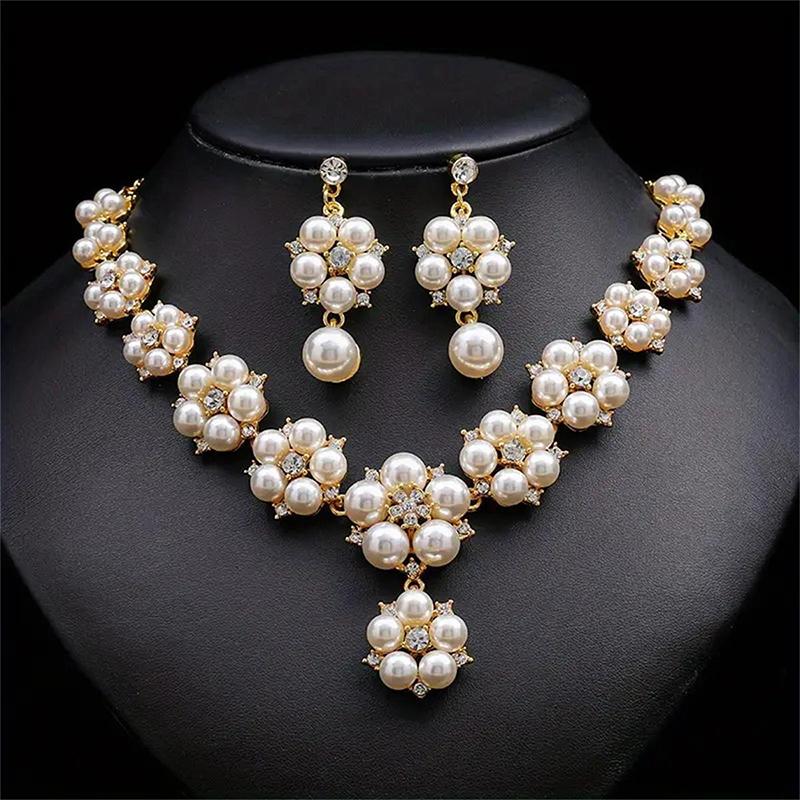 1 Set Bride Necklace Earrings Set Faux Pearl Flower  Luxury Women Girl Necklace Dangle Earrings Wedding Jewelry Gift