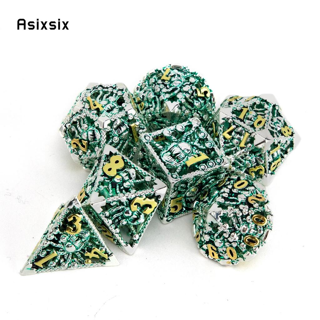 7 Pcs Silver Green Octopus Metal Dice Hollow Metal Polyhedral Dice Set Suitable for Role-Playing RPG  Board Game Card Game