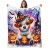 1pc Halloween Witch Cow Flannel Blanket - Soft & Warm 280gsm All-Season Cozy Throw with Cute Cow Witch, Bats & Haunted House Design - Machine Washable