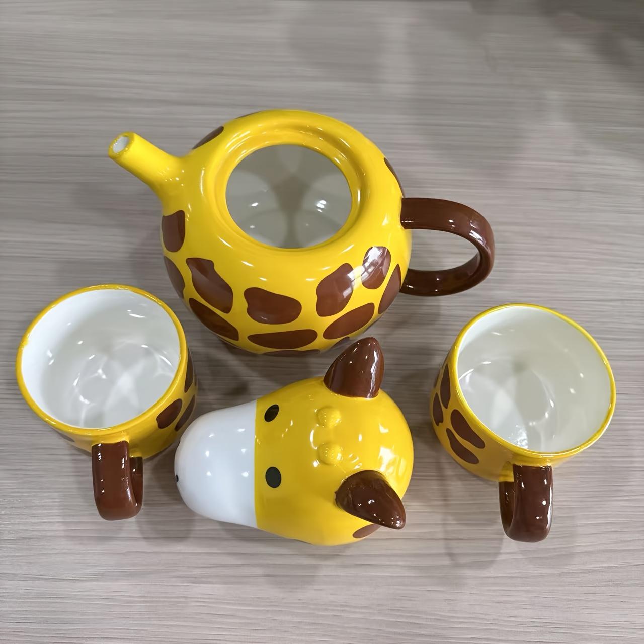 

1 Набор креативного керамического чайника «Жираф» объемом 17 унций/500 мл с набором из 2 кружек, расписанный вручную фарфоровый чайный сервиз для кофе, латте, молока, чая, цветочного чая, фруктового чая, Giraffe Set