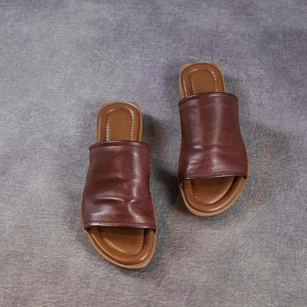 Johnature Retro Outerwear Slippers Genuine Leather Soft Soled Peep Toed Flat Women's Slides