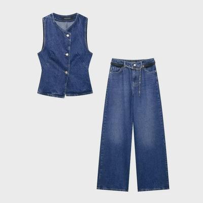 Women's Denim Vest & Wide-Leg Pants Set - Round Neck, Single-Breasted.