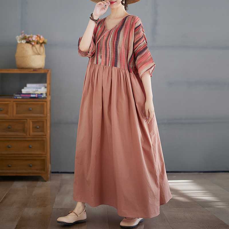 Algodón y Lino Verano Patchwork Estilo Retro Vestido Falda Larga