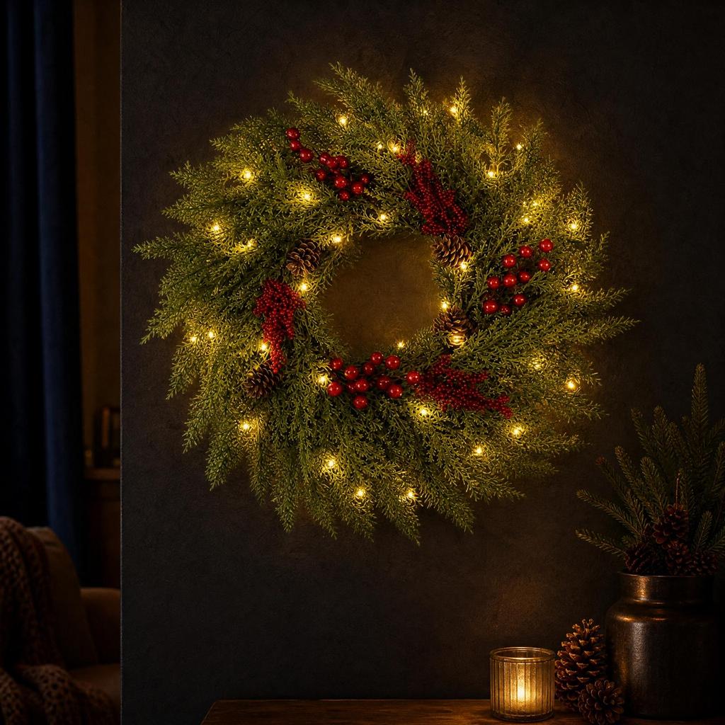 Entry Door Christmas Wreath with Red Berries Indoor Outdoor Holiday Decor Full
