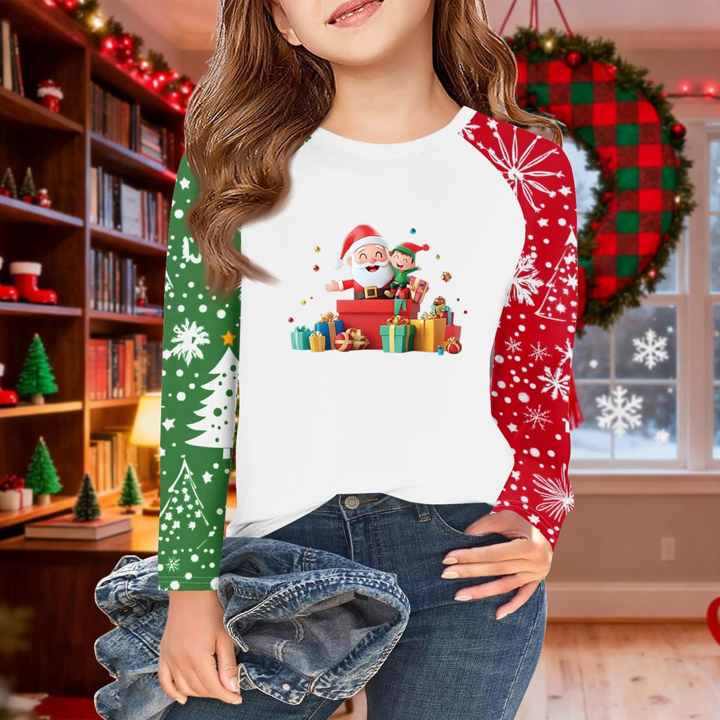 Girls Long Sleeve Christmas Day T Shirts Kids Fall Tops Crewneck Basic Tees 5-14Y