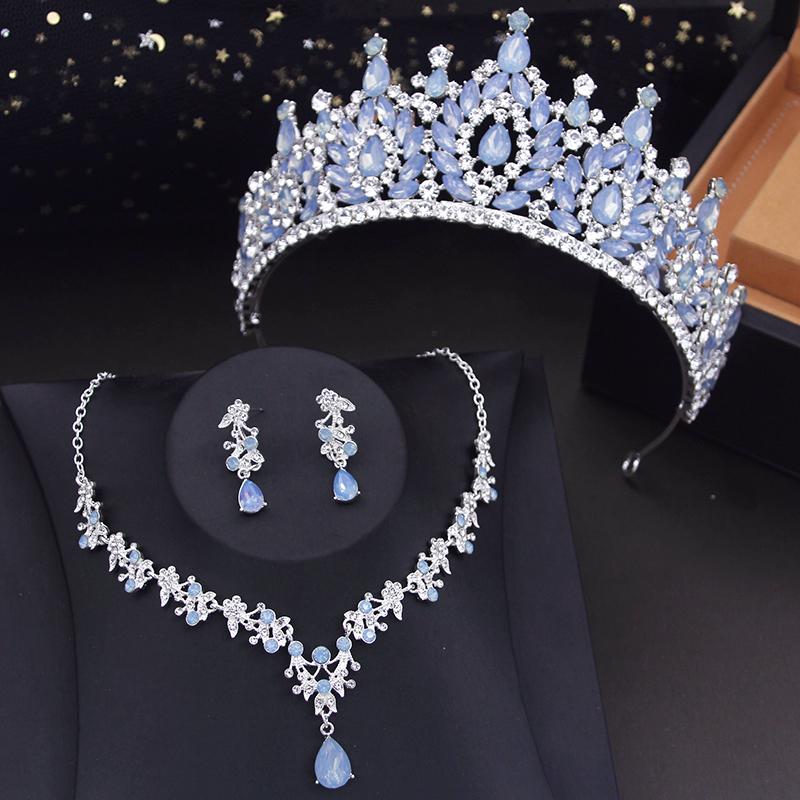 Gorgeous Green Tiaras Jewelry Sets for Women Bridal Wedding Crown Set Party Prom Bride Necklace Earrings Costume Accessory