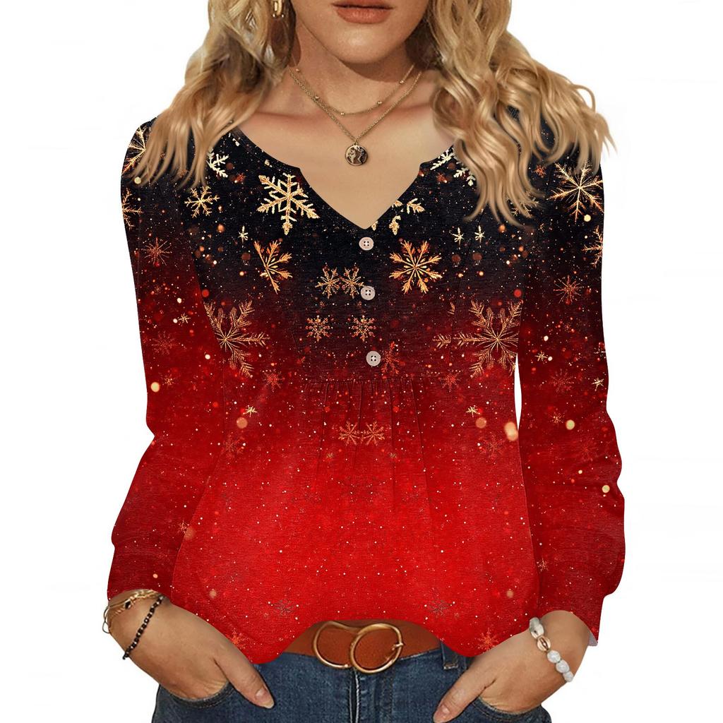 Women's Fashionable Casual V-neck Blouse Button Christmas Printed Long-sleeved Pullover T-shirt Top