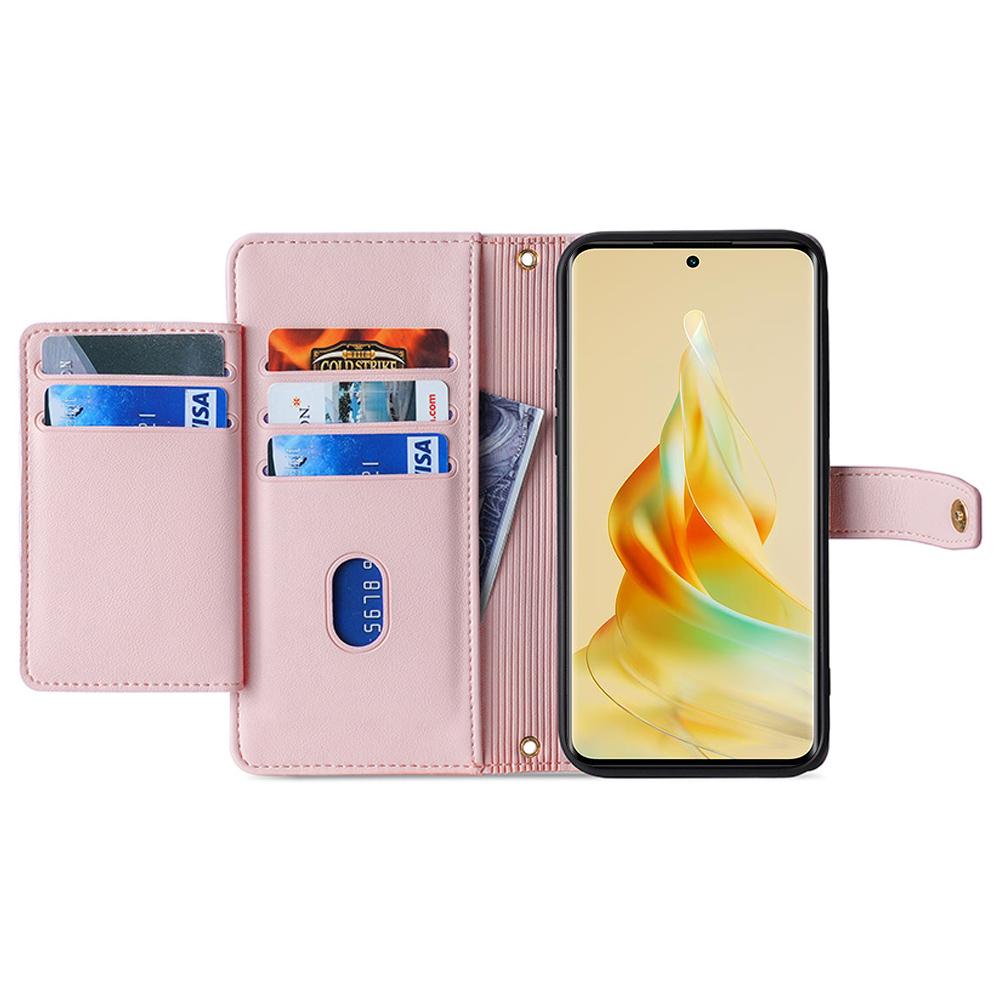 

For Oppo A78 4G Case Zipper Phone Leather Cover with Hand Strap and Shoulder Strap Pink