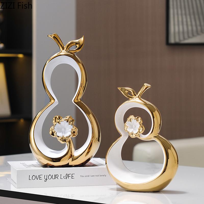 Gold-plated Hollow Gourd Artwork Ornaments Desk Decoration Golden Gourd Ceramic Modern Crafts Sculpture Room Aesthetic Decor