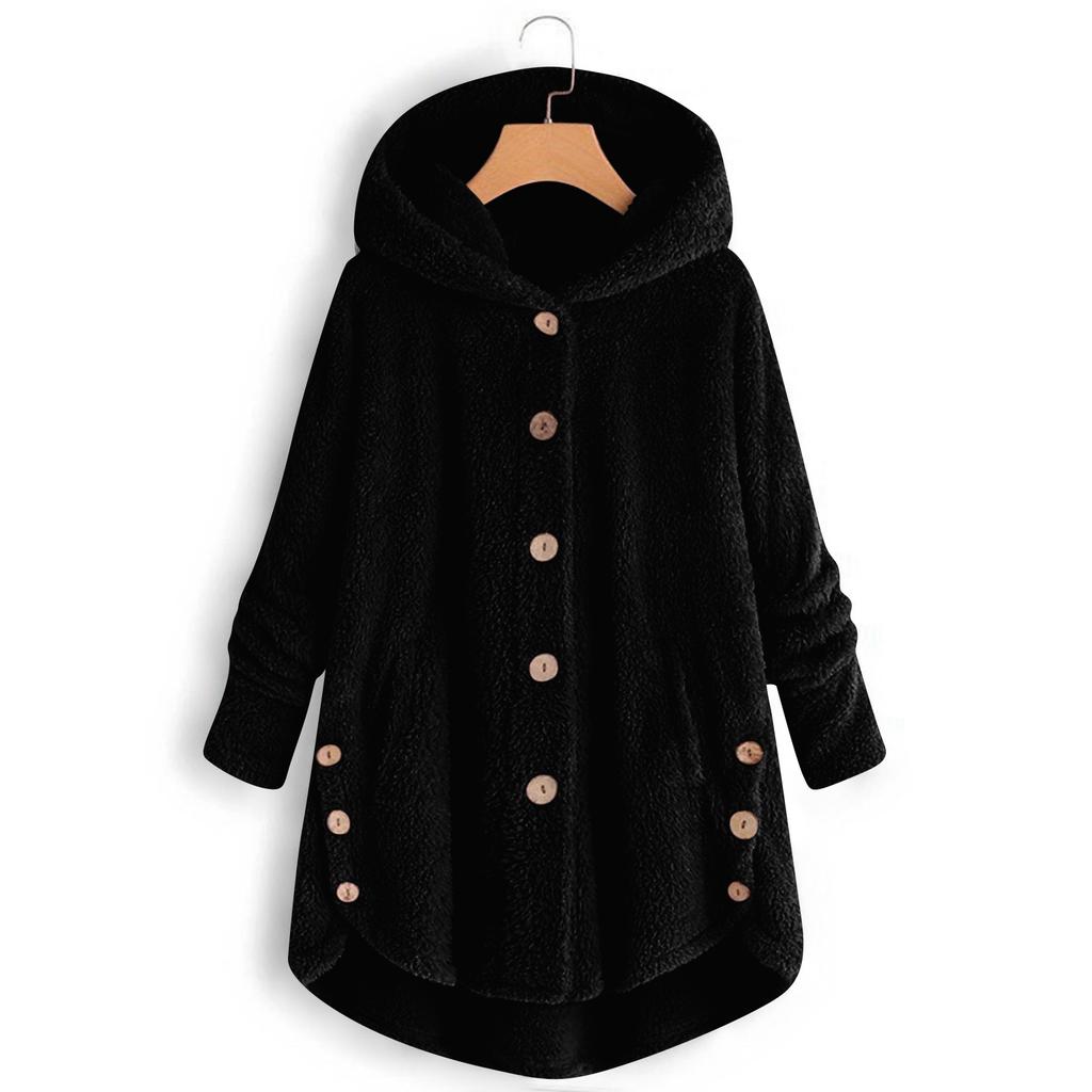 Women's Fashion Fuzzy Color Button Pocket Hooded Long Sleeve Loose Warm Jacket