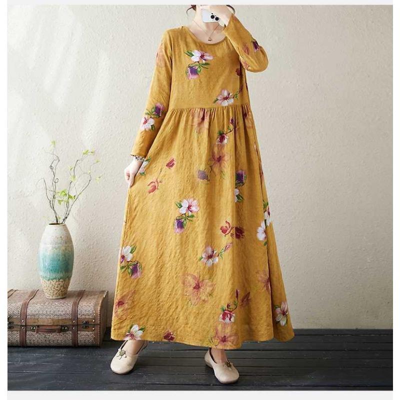 New Color Round Neck Retro Long Skirt Cotton Linen Dress