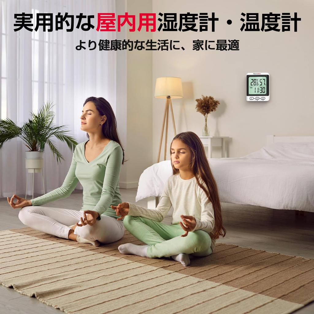 Termometr i higrometr cyfrowy ThermoPro z zegarem do wnętrz Wysoki Duży Maksymalna i minimalna temperatura i wilgotność Stojący na blacie Ścienny