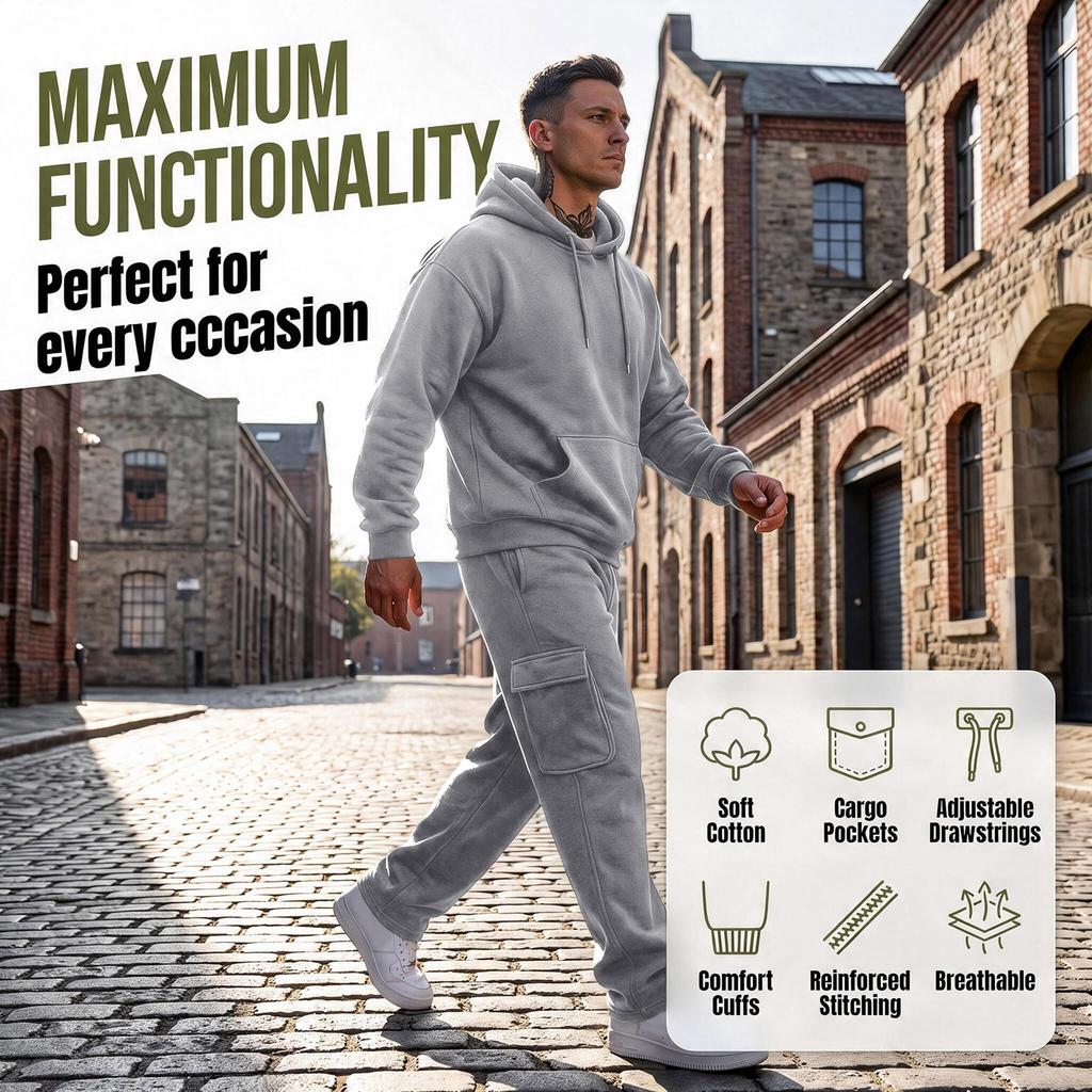 Men's 2-Piece Outfit Set, Hooded Sweatshirt and Cargo Straight Leg Pants, Casual Streetwear