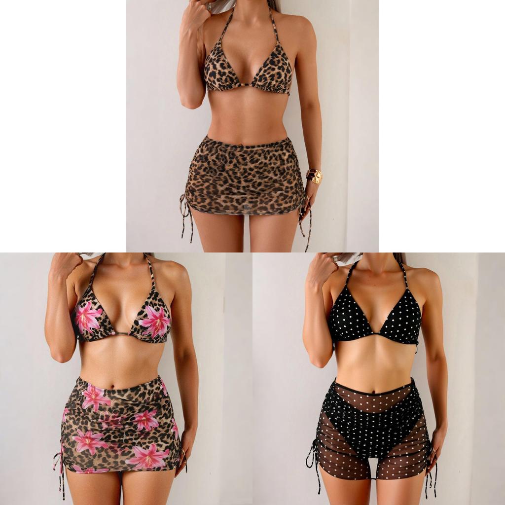Leopard Print Bikini Set With Polyester Fabric And Padded Hanging Neck For Water Sports
