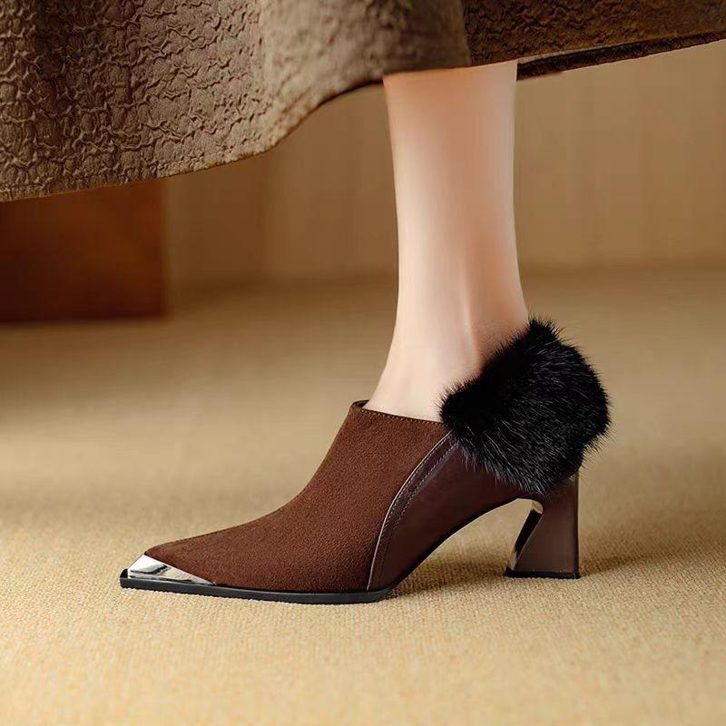 Autumn New Coarse Heel Shoes Women Metal Pointed Side Zipper Anti-slip Wear-resistant Plush Low-top Shoes