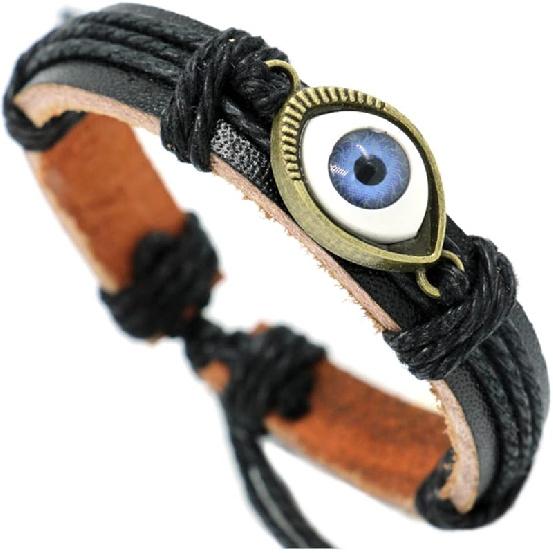 Caiyao Punk Ethnic Layered Leather Evil Eye Bead Cuff Bracelet Adjustable Braided Woven Hamsa Hand Wrap Elephant Owl Animal Wristband for Women Men