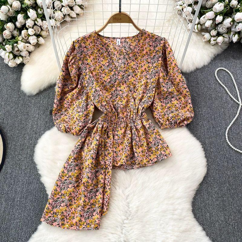 

V-neck Waist-Controlled Slimming Floral Casual Tops Chiffon Shirt Yellow floral splash flower One size